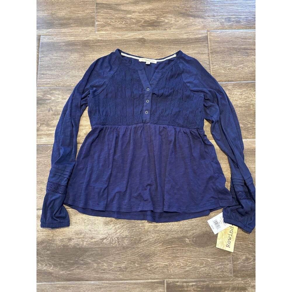 Juniors Size XS Navy Blue Babydoll Top Long Sleeve With Lace Detail Y2K Style